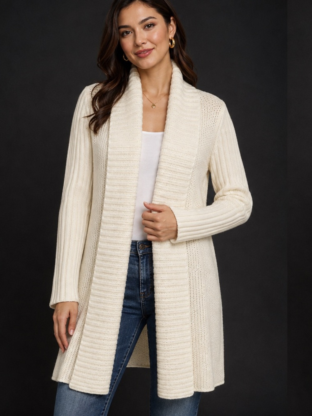 BCBG Max Azria L Ivory Angora Wool Blend Shawl Collar Open Front Long Cardigan